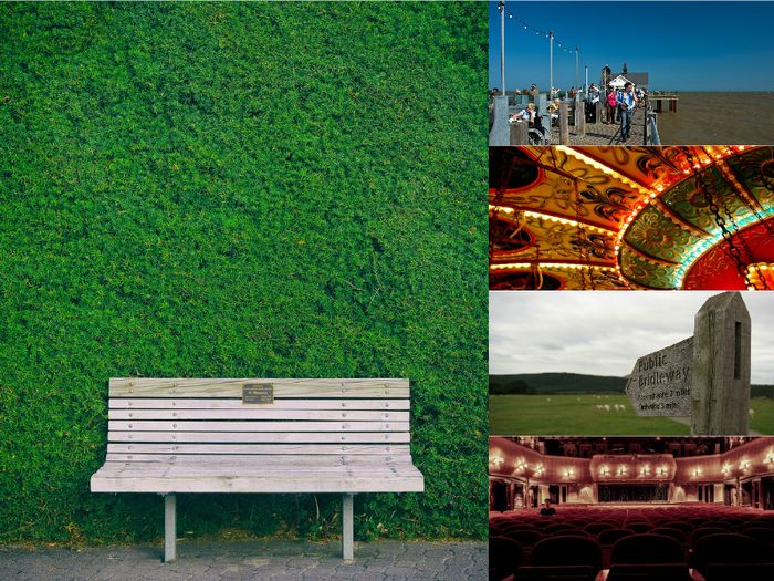 A montage of ways to memorialise a loved one, including a bench, pier, fingerpost, theatre seat and vintage fairground
