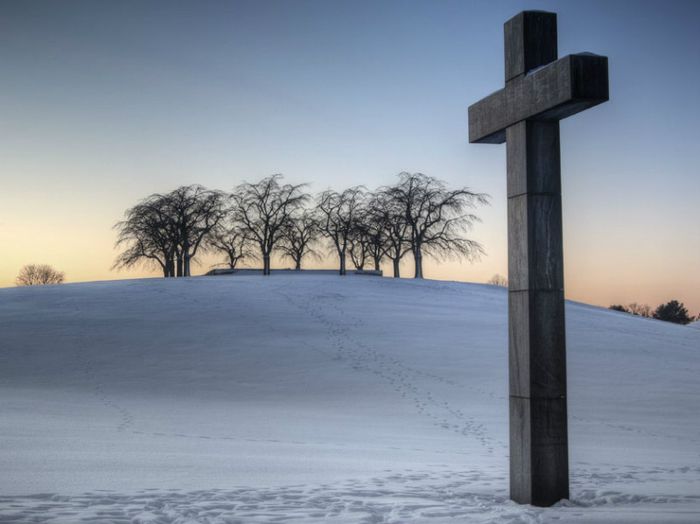 Skogskyrkog&aring;rden cemetery in Stockholm, Sweden, on a winter's day