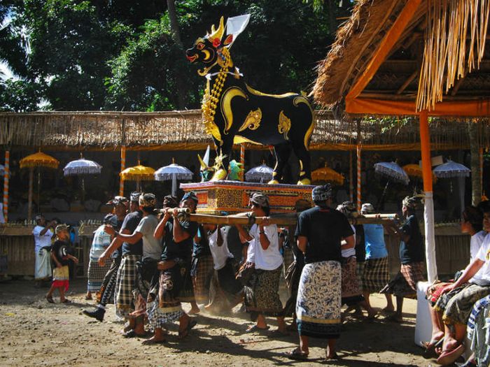 A decorative ox-shaped coffin is carried by mourners