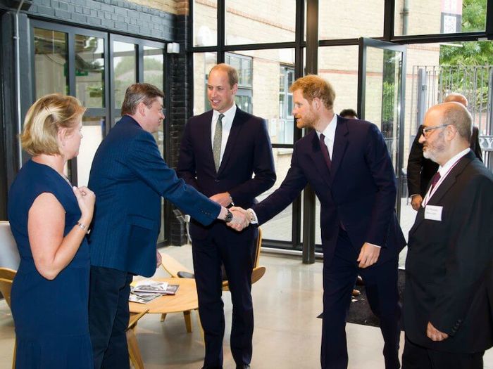 Prince William and Prince Harry greeting charity representatives at the Community Hub