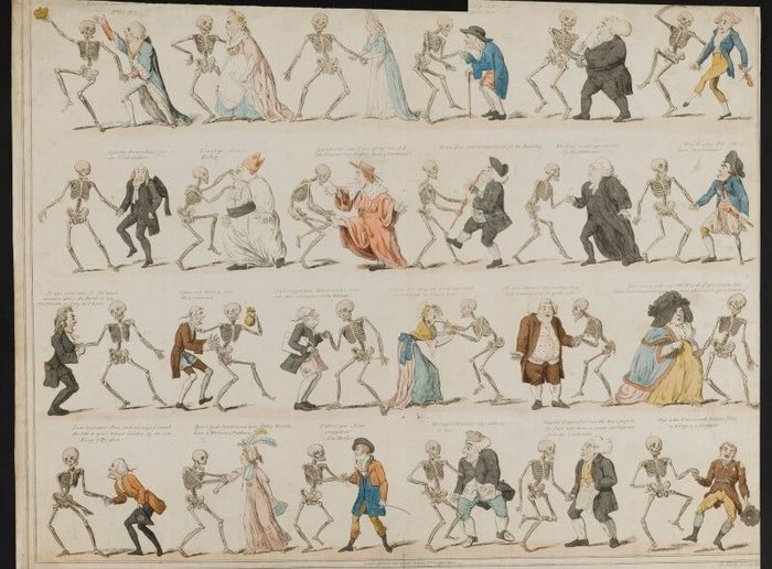 Copy of 18th century illustration of skeletons dancing with various types of people: lawyers, ladies, bishops, gentlemen etc