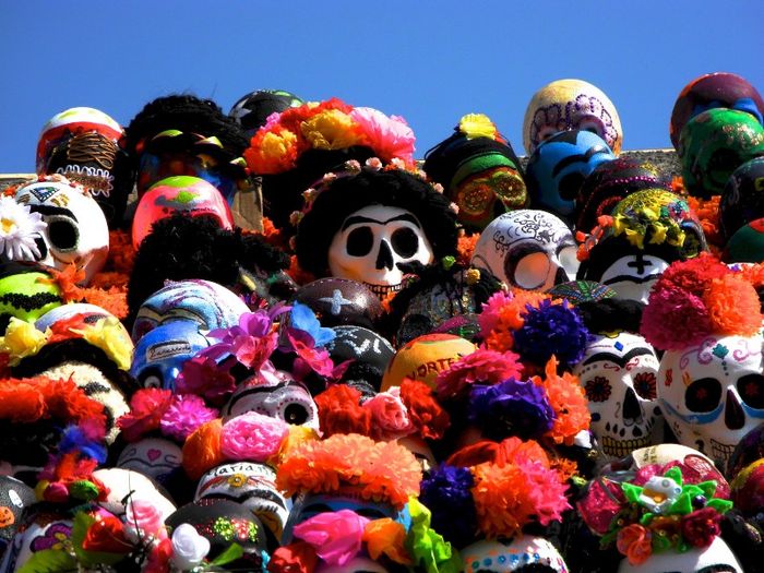 Display of Dead of the Dead skulls inspired by the artwork of Frieda Kahlo
