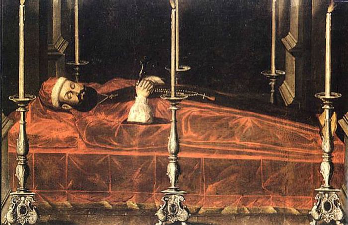 A classical painting of a religious man on a catafalque