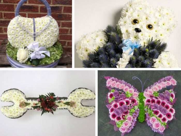 Special floral tributes for a funeral in the shape of a handbag, a teddy bear, a butterfly and a spanner