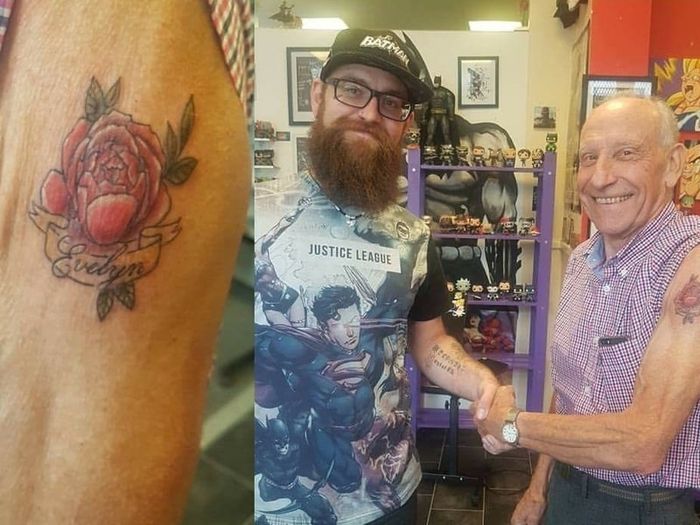 Photo of Gods of Ink tattoo artist with a client who has recently received a cremation tattoo of a rose on his arm
