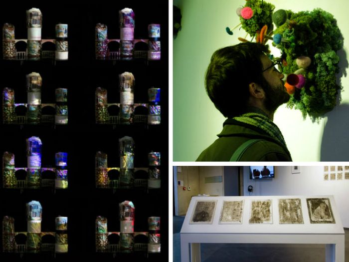 Exhibition pieces from Material Legacies: Clay sculptures, felt mushrooms and printing